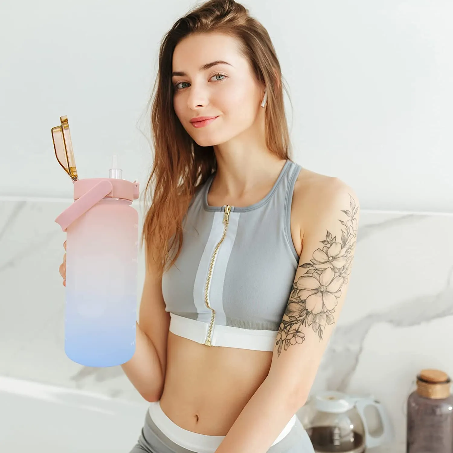 2000ml Outdoor Sports Reminder Time Water Bottle Pink Blue