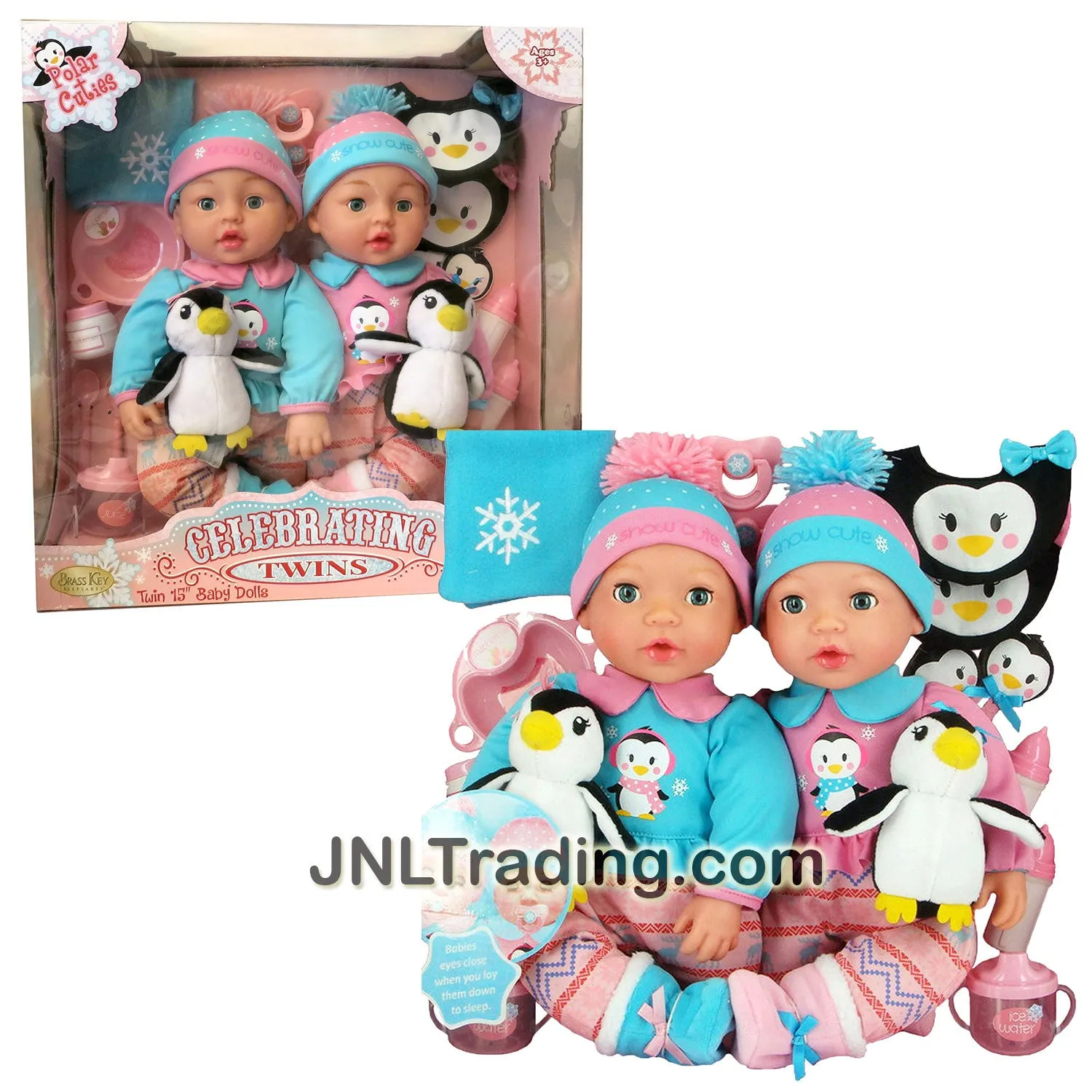 Brass Key Year 2016 Celebrating Twins Series 15 Inch Tall Baby Doll - POLAR CUTIES with 2 Babies with Penguin Pets, Bibs, Sip Cups, Spoons & Blanket