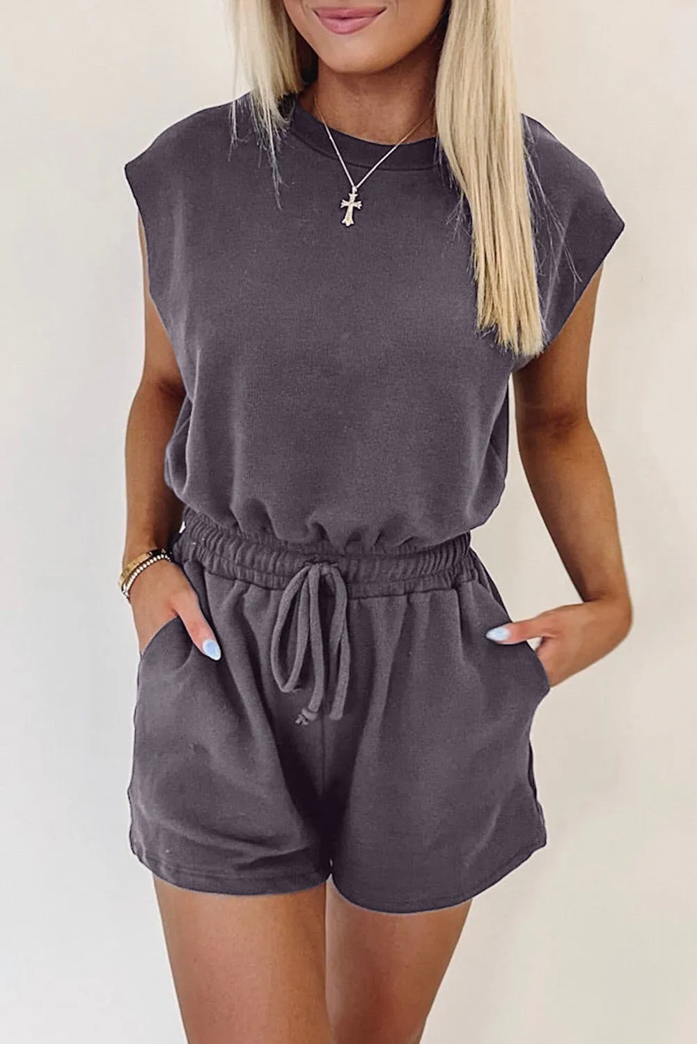 Bristol Black Knit Open Back Cap Sleeve Drawstring Romper