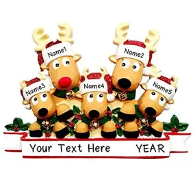 Cozy Reindeer Family Christmas Personalized Ornament (Family of 5)