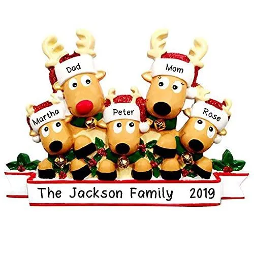 Cozy Reindeer Family Christmas Personalized Ornament (Family of 5)