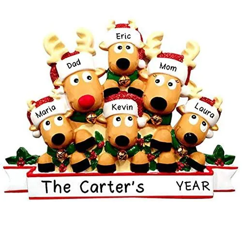 Cozy Reindeer Family Christmas Personalized Ornament (Family of 6)