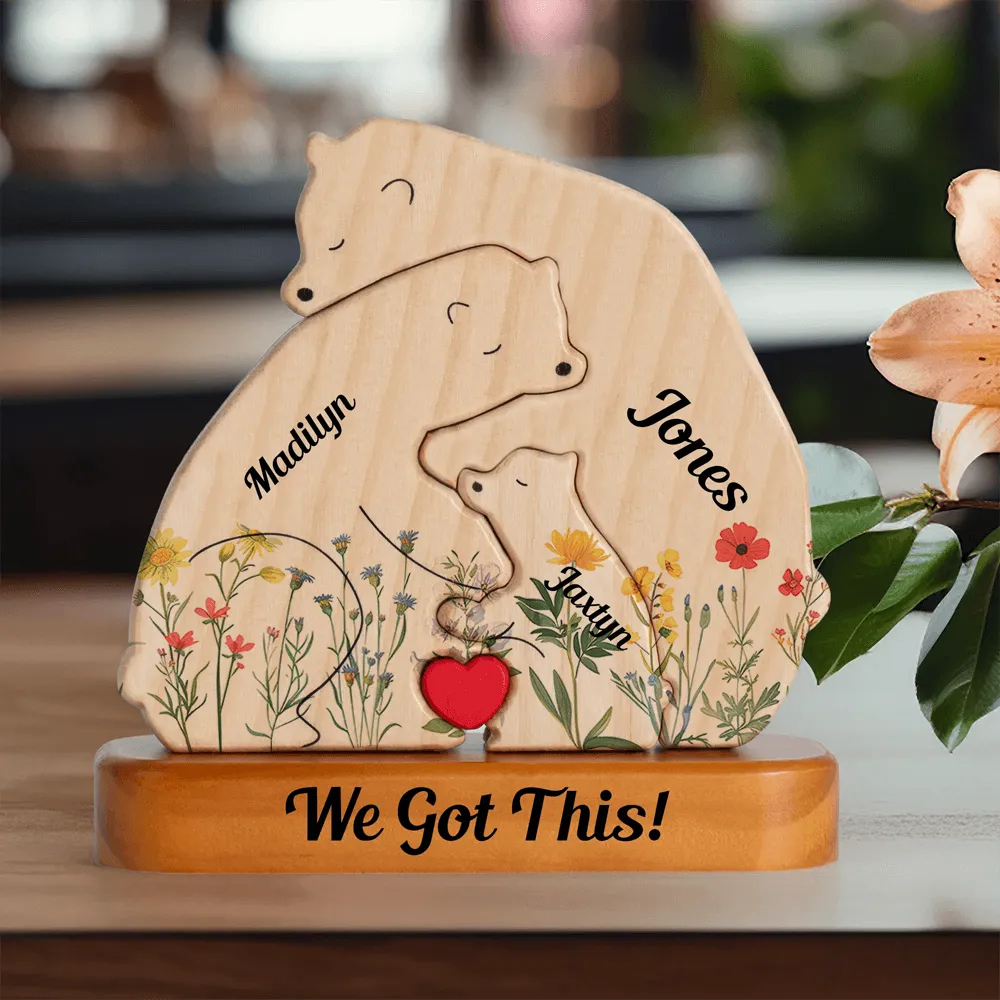 Flowers Cozy Bear Family Hugging In Cozy Season - Puzzle Couple Wooden Bears Family - Wooden Pet Carvings