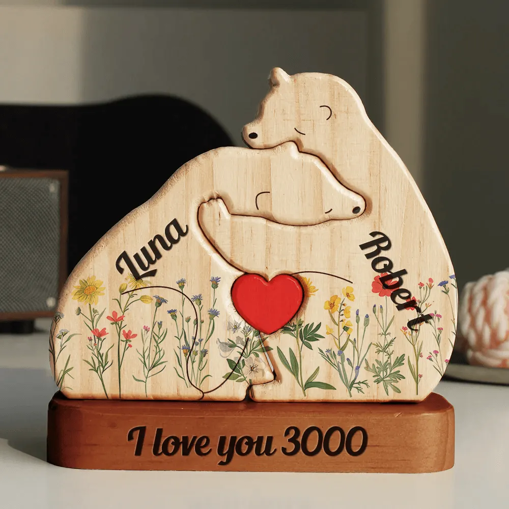 Flowers Cozy Bear Family Hugging In Cozy Season - Puzzle Couple Wooden Bears Family - Wooden Pet Carvings