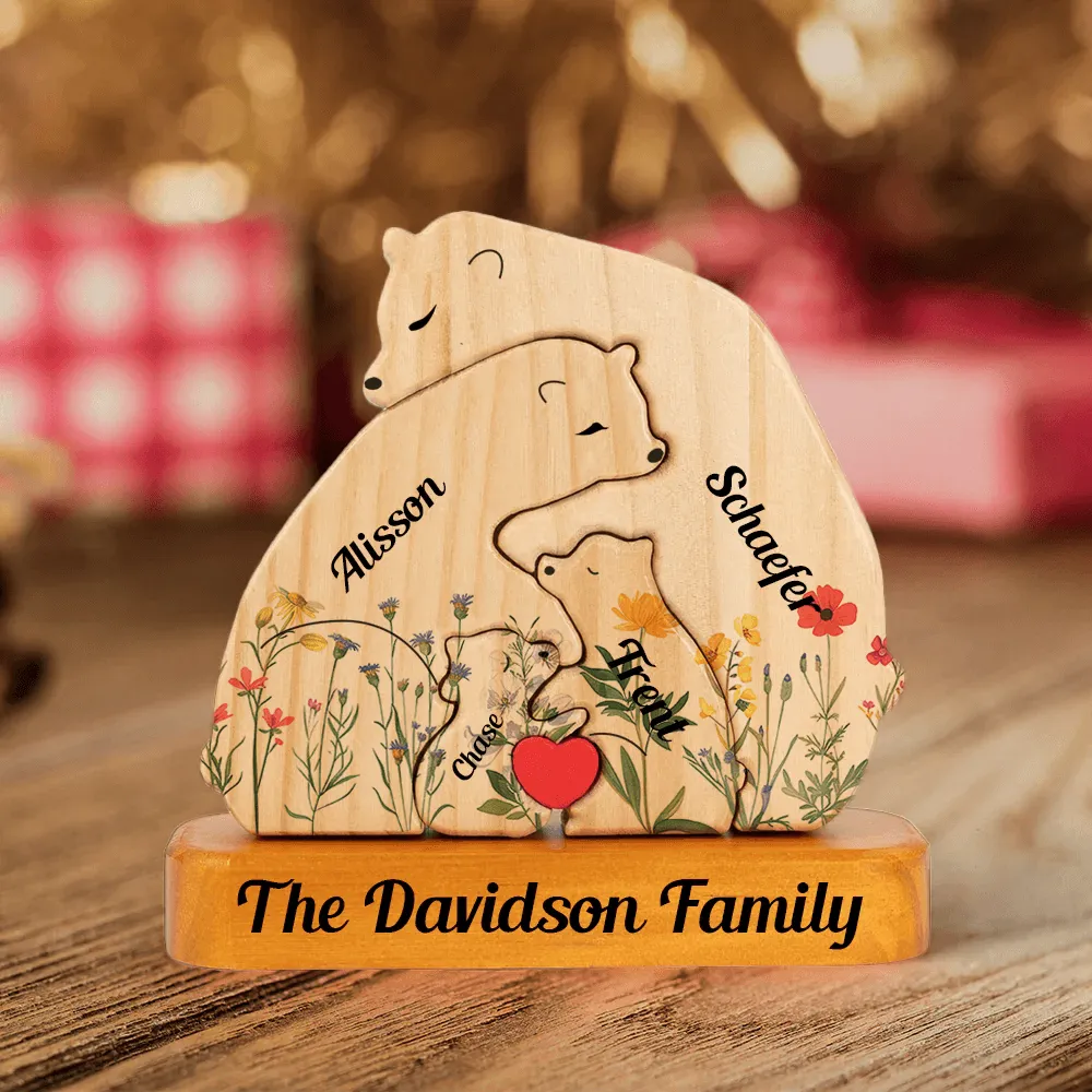 Flowers Cozy Bear Family Hugging In Cozy Season - Puzzle Couple Wooden Bears Family - Wooden Pet Carvings