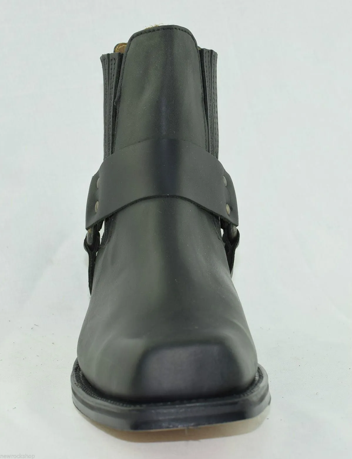 Loblan 096 Black Leather Cowboy Ankle Boots Biker Western Square Chisel Toe Boot