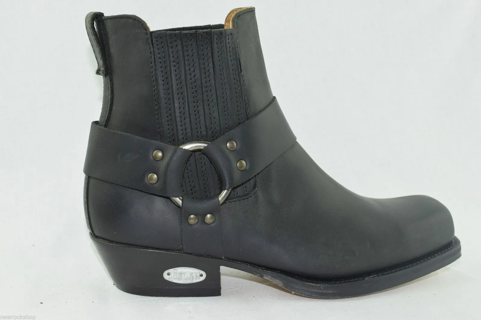 Loblan 096 Black Leather Cowboy Ankle Boots Biker Western Square Chisel Toe Boot