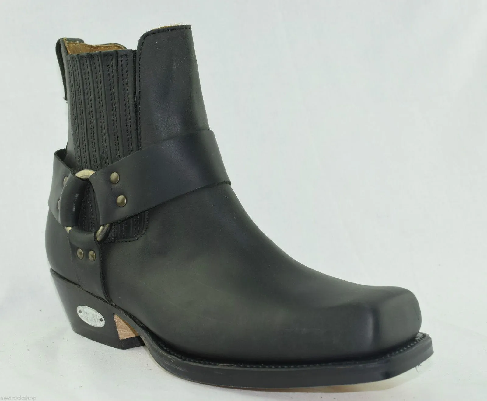 Loblan 096 Black Leather Cowboy Ankle Boots Biker Western Square Chisel Toe Boot