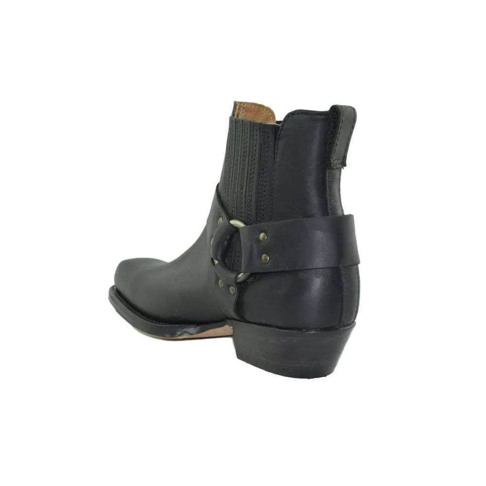 Loblan 096 Black Leather Cowboy Ankle Boots Biker Western Square Chisel Toe Boot