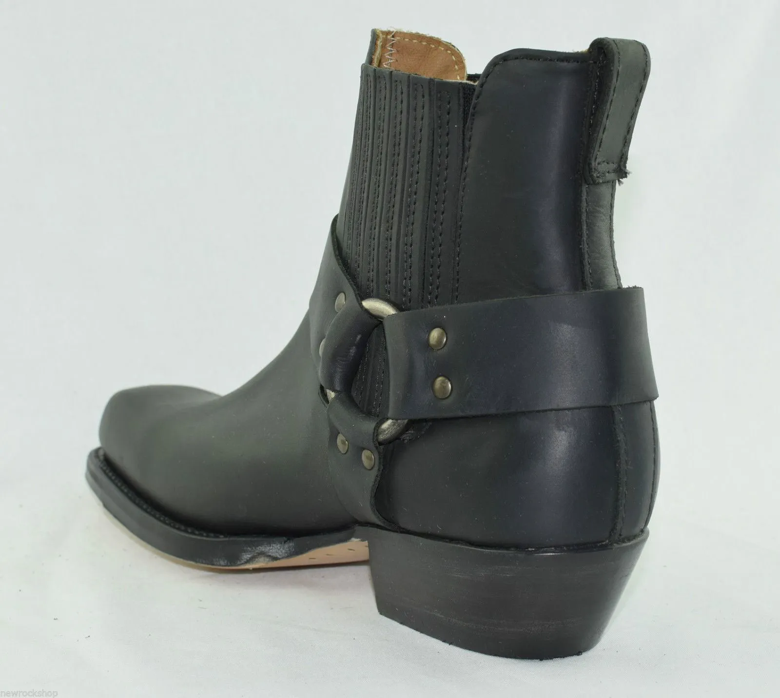 Loblan 096 Black Leather Cowboy Ankle Boots Biker Western Square Chisel Toe Boot