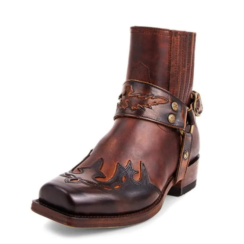 Men's vintage craved square toe motorcycle boots | Square heel short boots