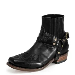 Men's vintage craved square toe motorcycle boots | Square heel short boots