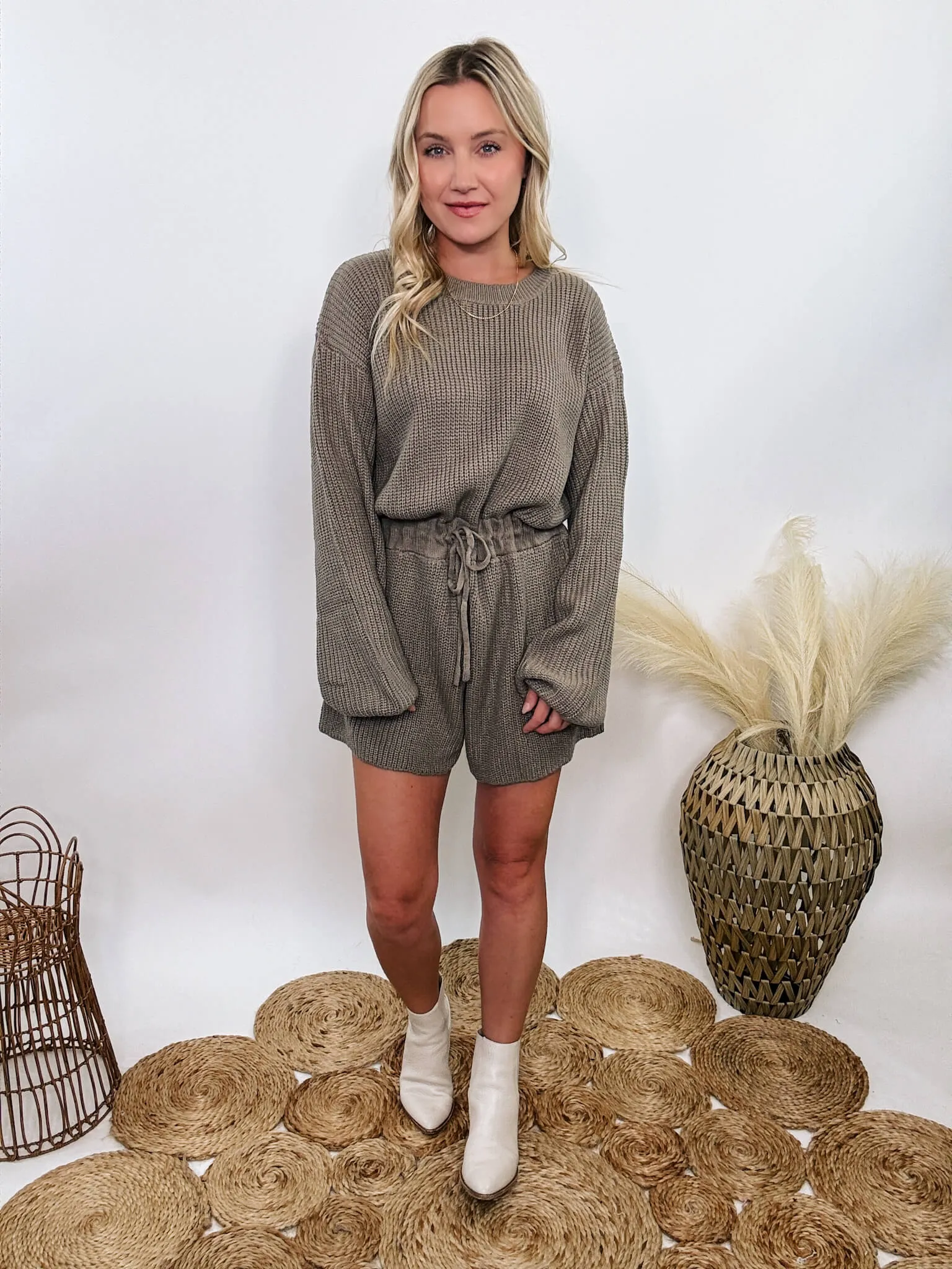 Mushroom Long Sleeve Sweater Romper with Drawstring Waist