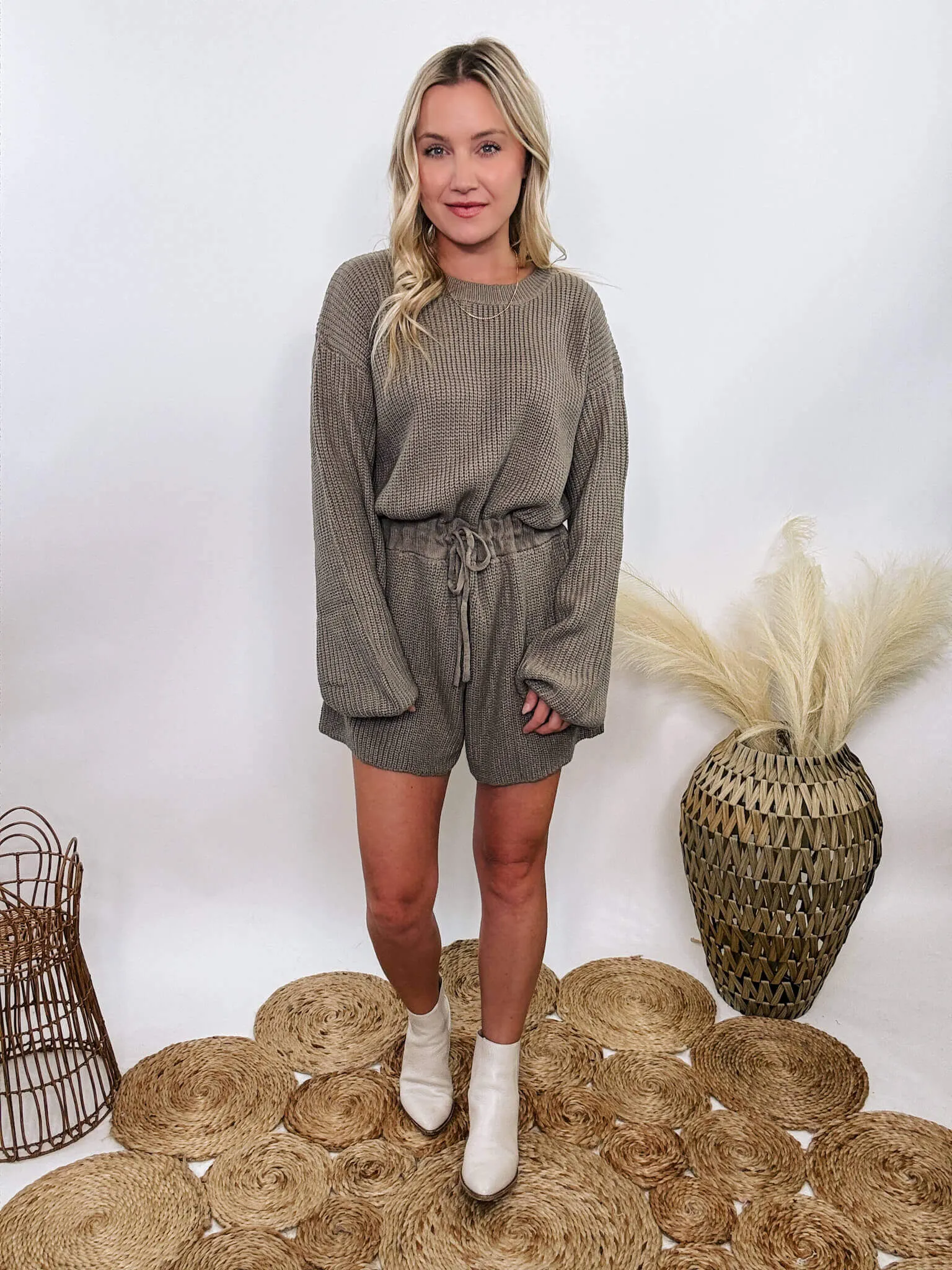 Mushroom Long Sleeve Sweater Romper with Drawstring Waist