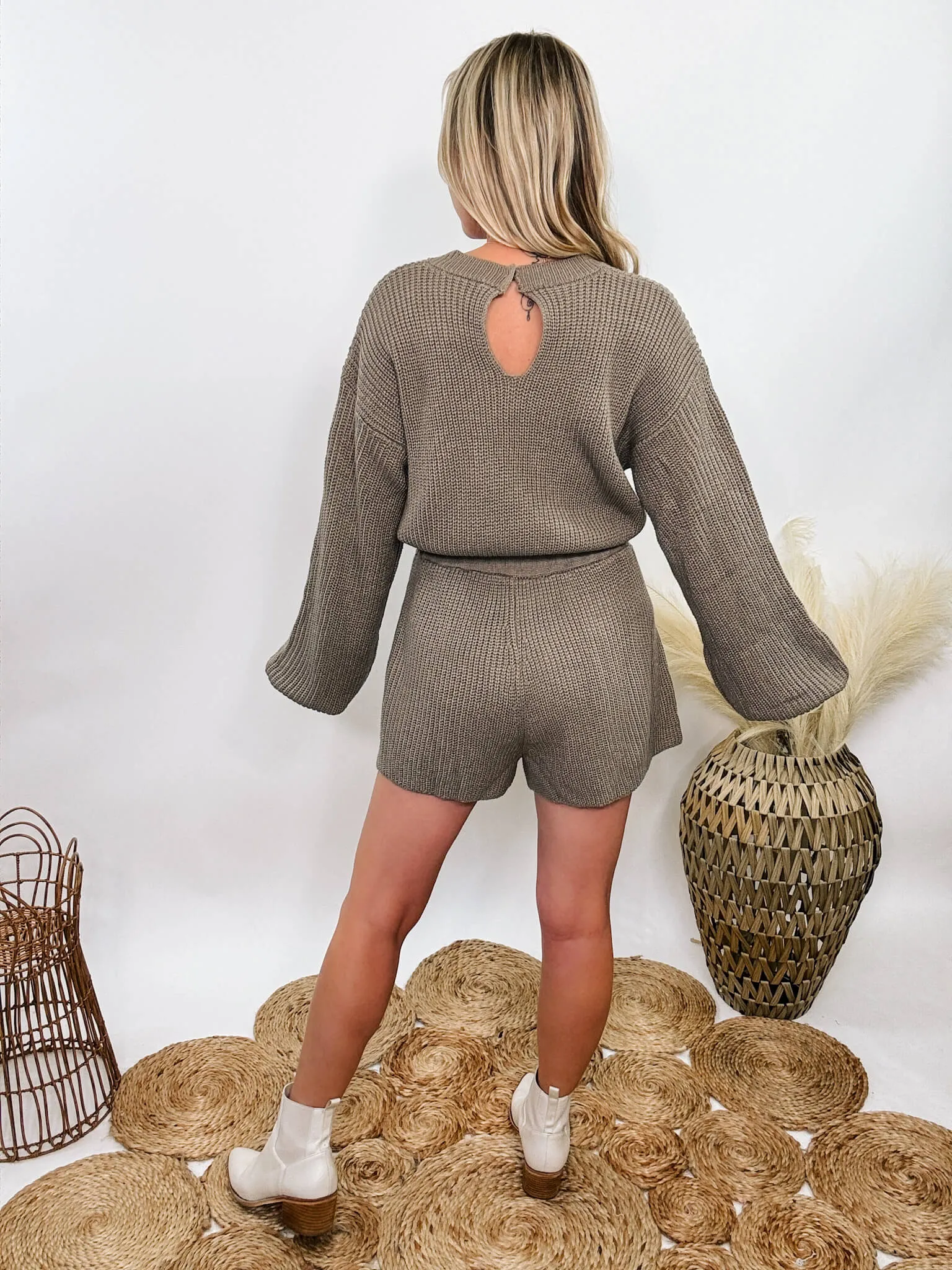 Mushroom Long Sleeve Sweater Romper with Drawstring Waist