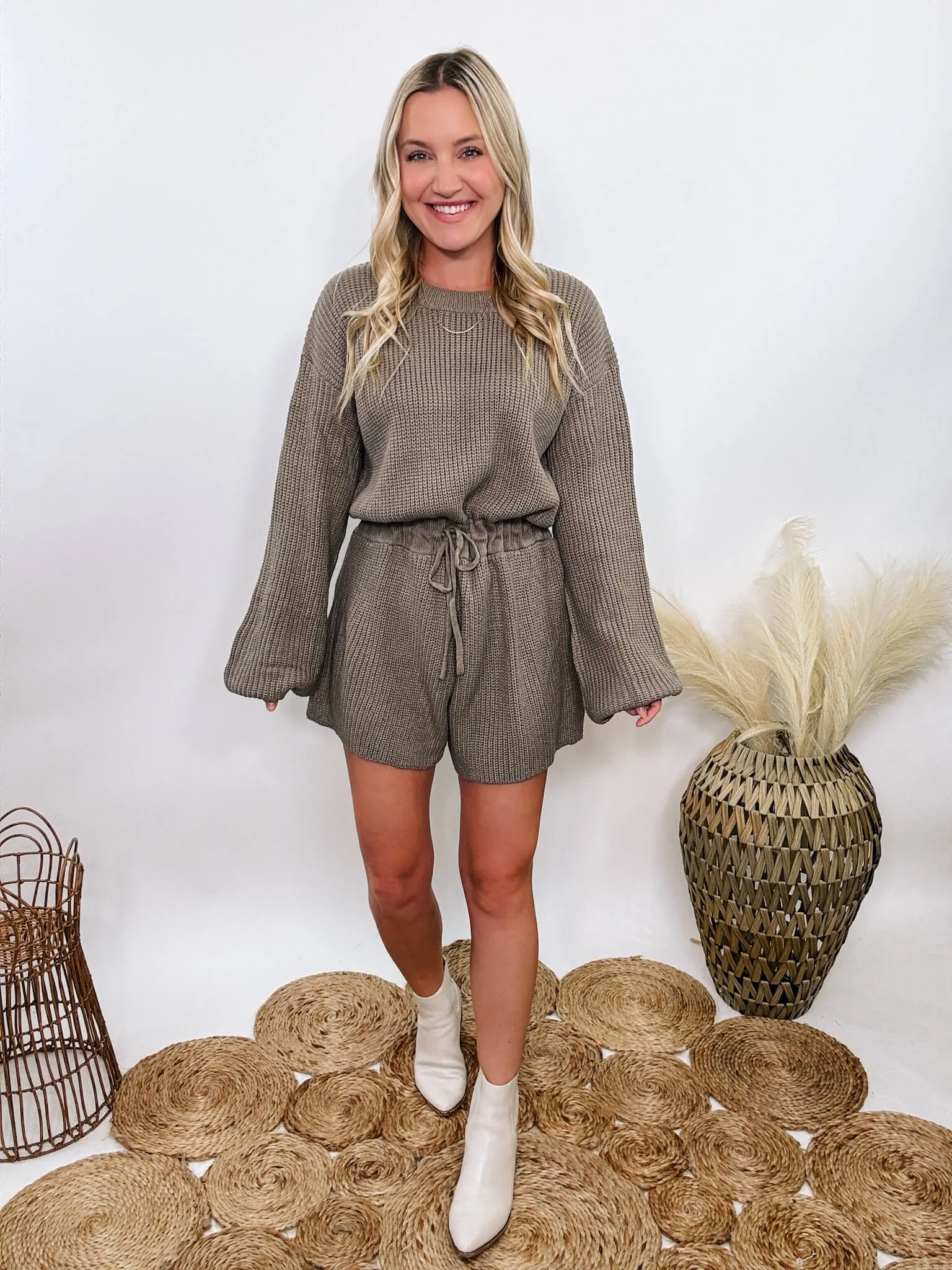 Mushroom Long Sleeve Sweater Romper with Drawstring Waist