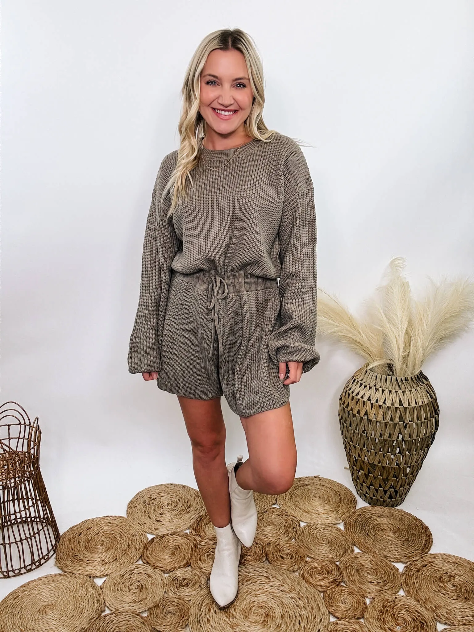 Mushroom Long Sleeve Sweater Romper with Drawstring Waist