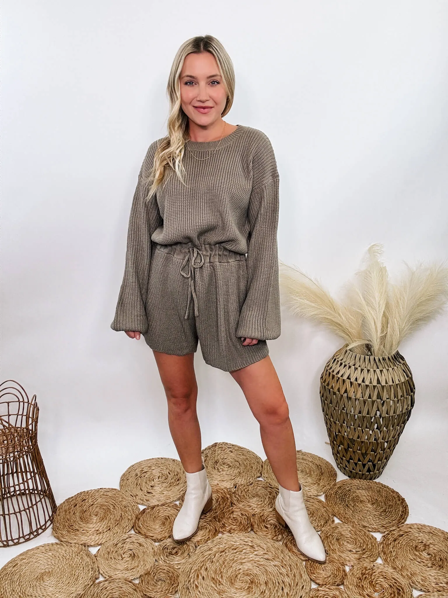 Mushroom Long Sleeve Sweater Romper with Drawstring Waist