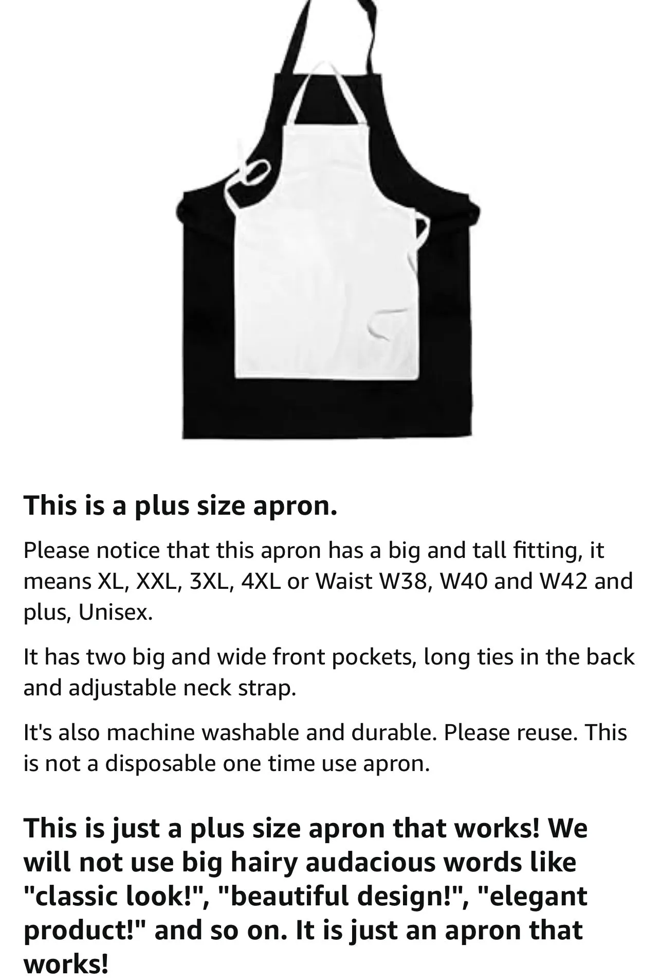 Oversized Bib Apron | 39in | Plus and Tall Friendly | Adjustable Neck Strap | Unisex Bib Apron for Women and Men | 1 Apron