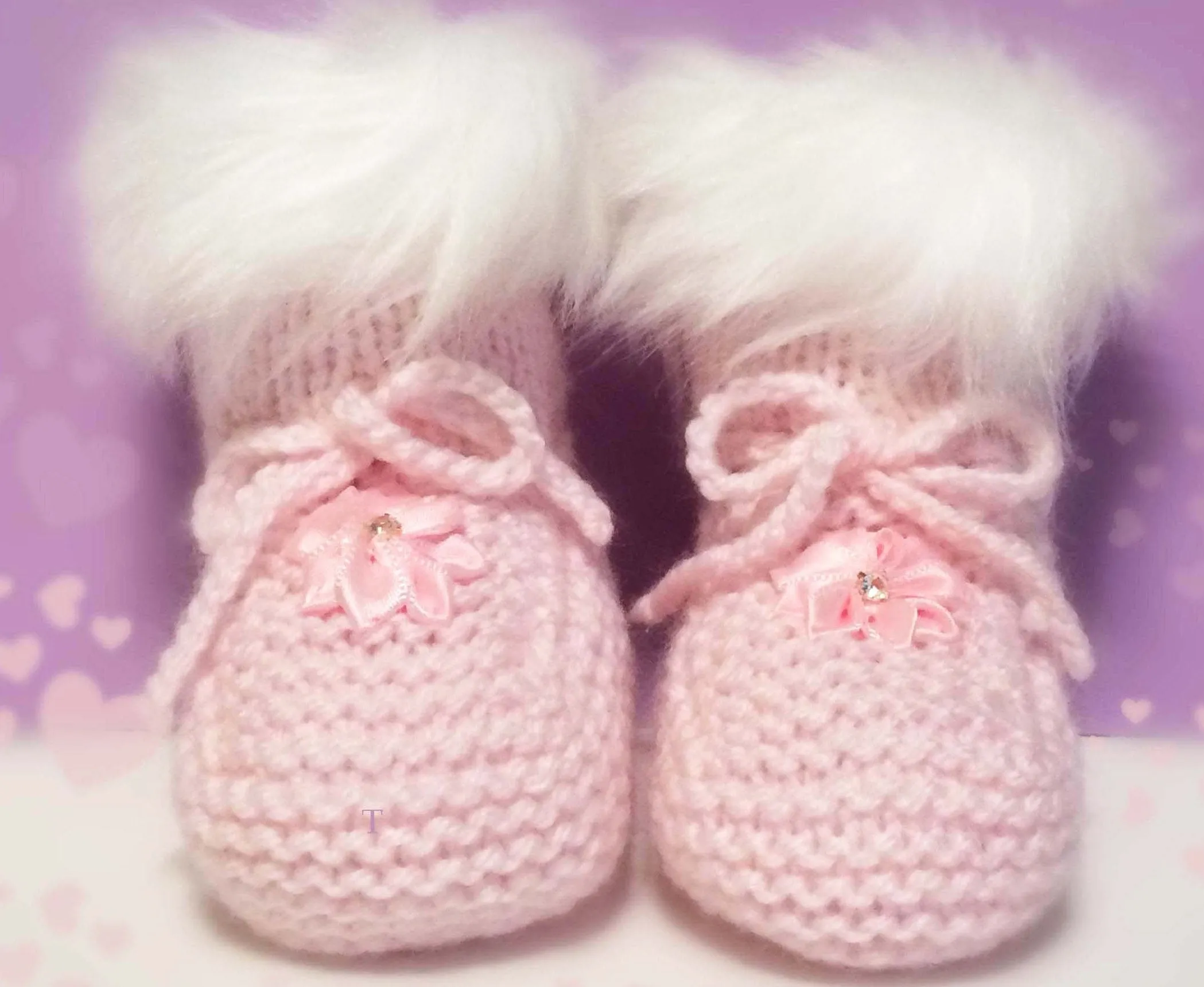 Pink Knitted Baby Booties-Faux Fur Baby Booties-Cute Handmade Baby Booties-Baby Shower Gift