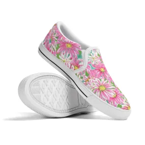 Springs Whisper: Watercolor Pink Daisies Dancing on a Lush Green Stage Womens Canvas Slip On Shoes US5-US12