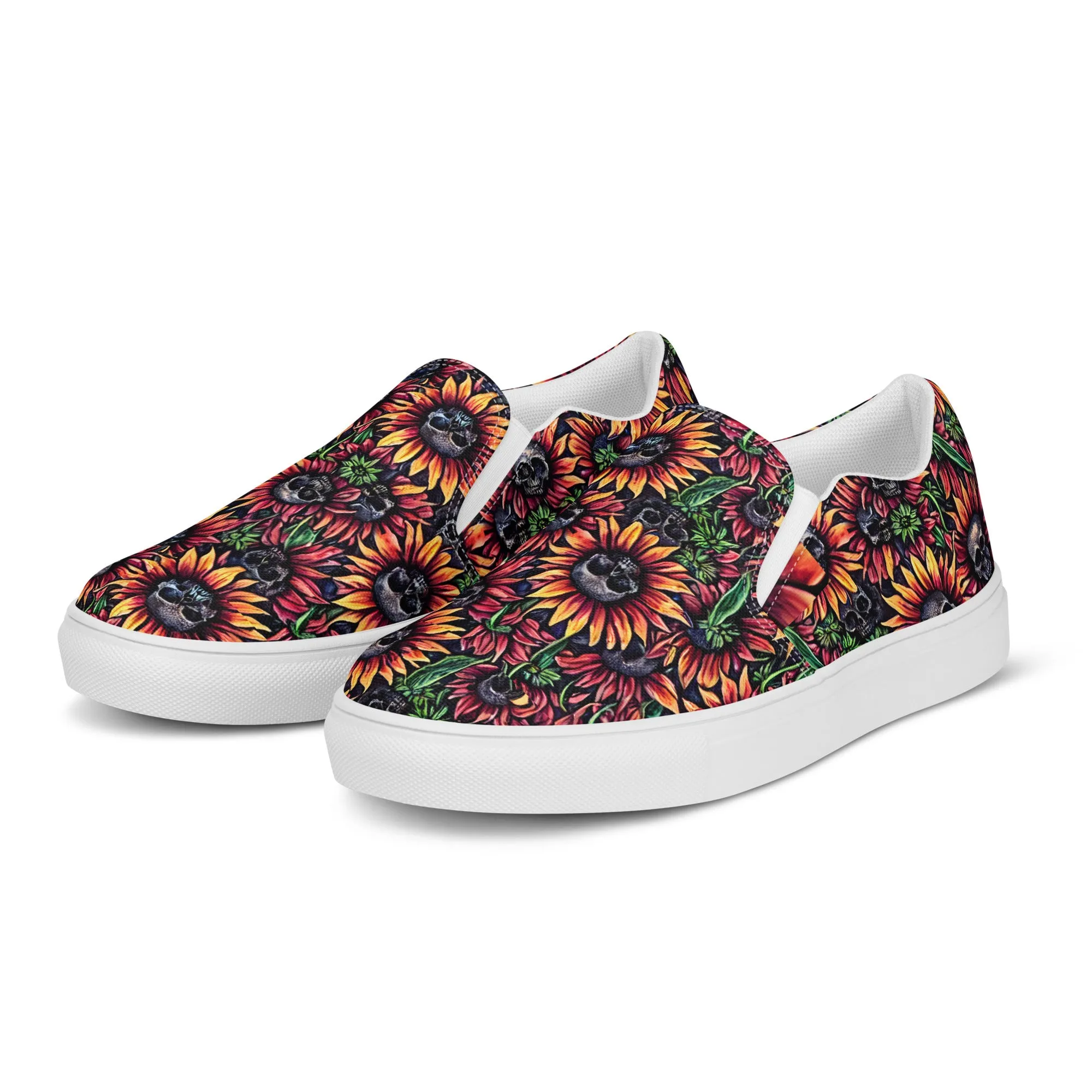 Sunflowers and Skulls Women’s slip-on canvas shoes, Pirate Princess Shoes