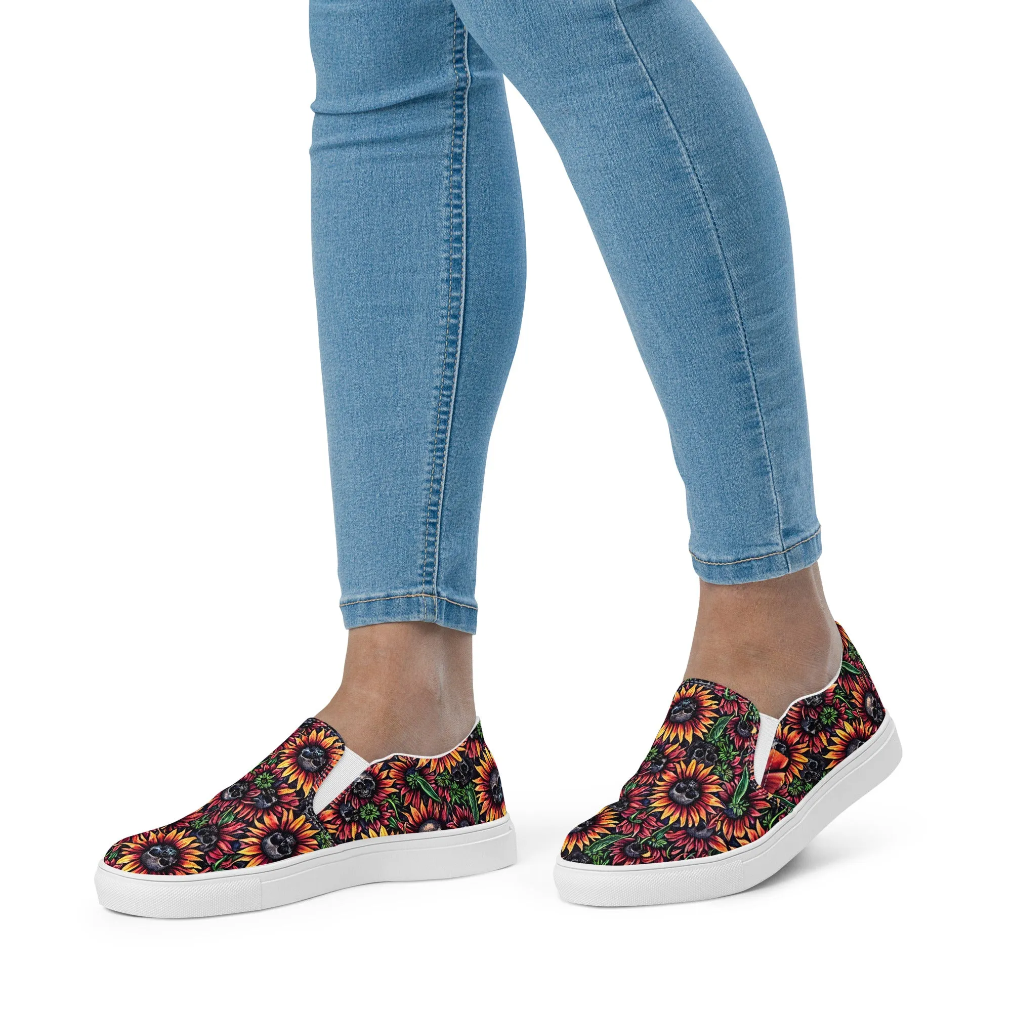 Sunflowers and Skulls Women’s slip-on canvas shoes, Pirate Princess Shoes