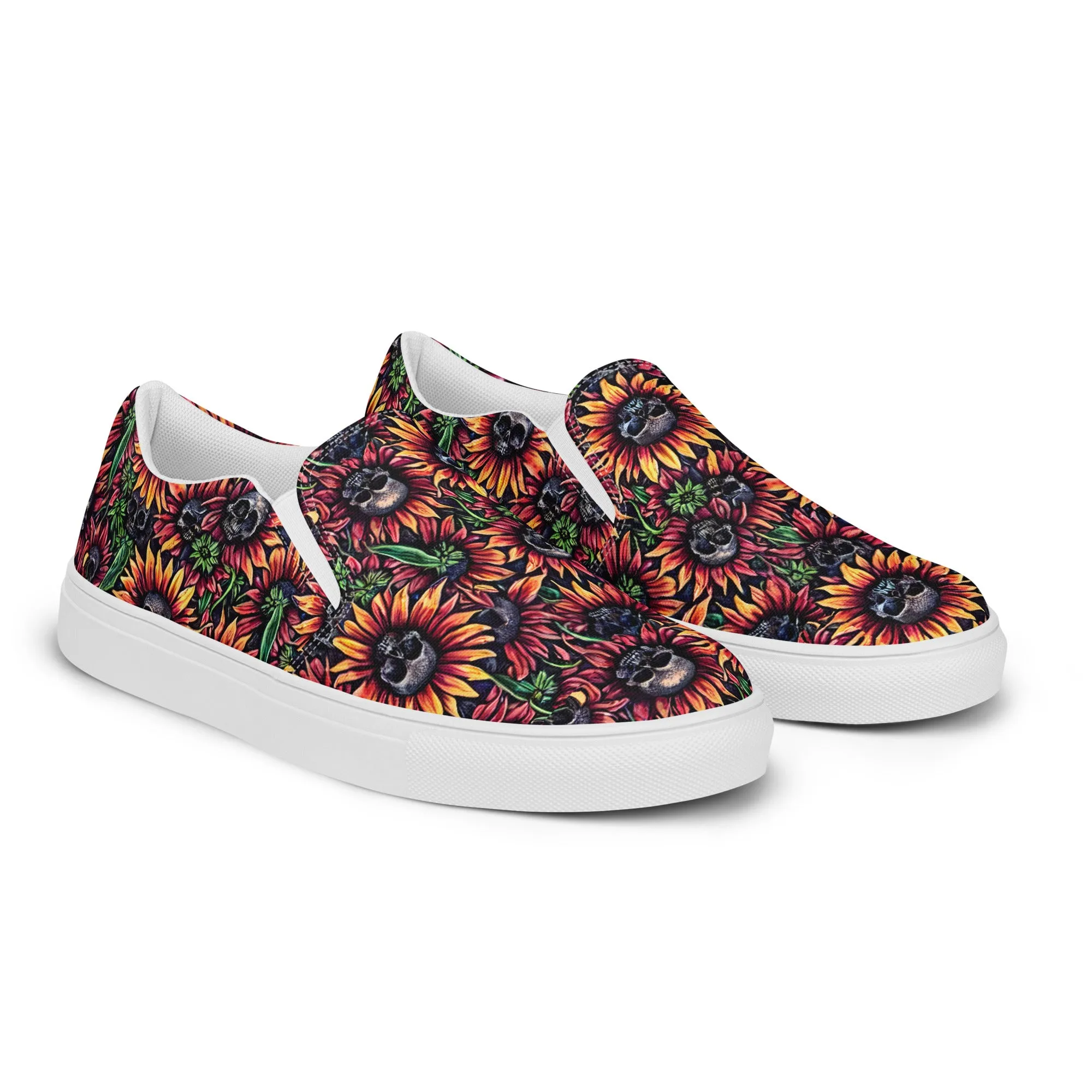 Sunflowers and Skulls Women’s slip-on canvas shoes, Pirate Princess Shoes