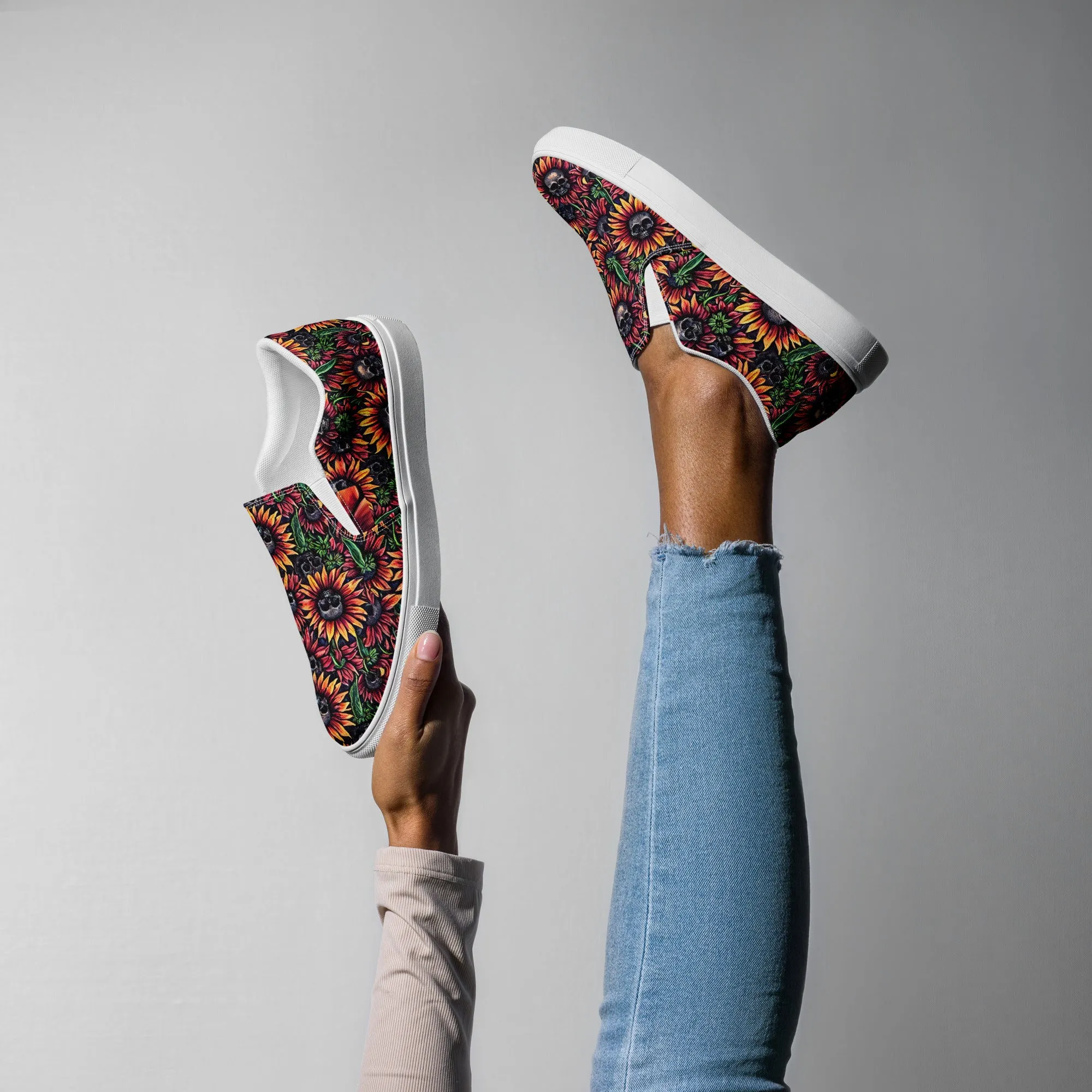 Sunflowers and Skulls Women’s slip-on canvas shoes, Pirate Princess Shoes