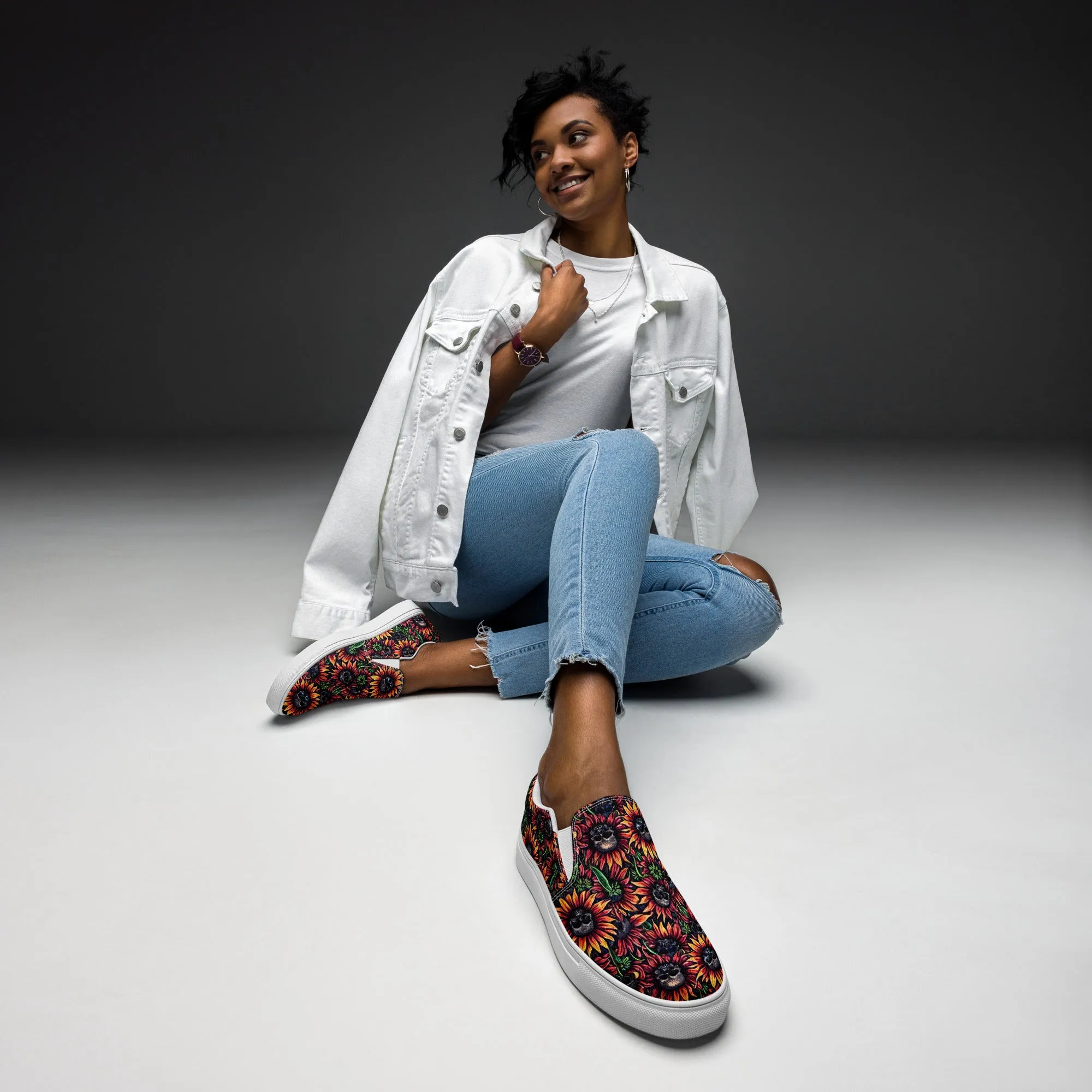 Sunflowers and Skulls Women’s slip-on canvas shoes, Pirate Princess Shoes