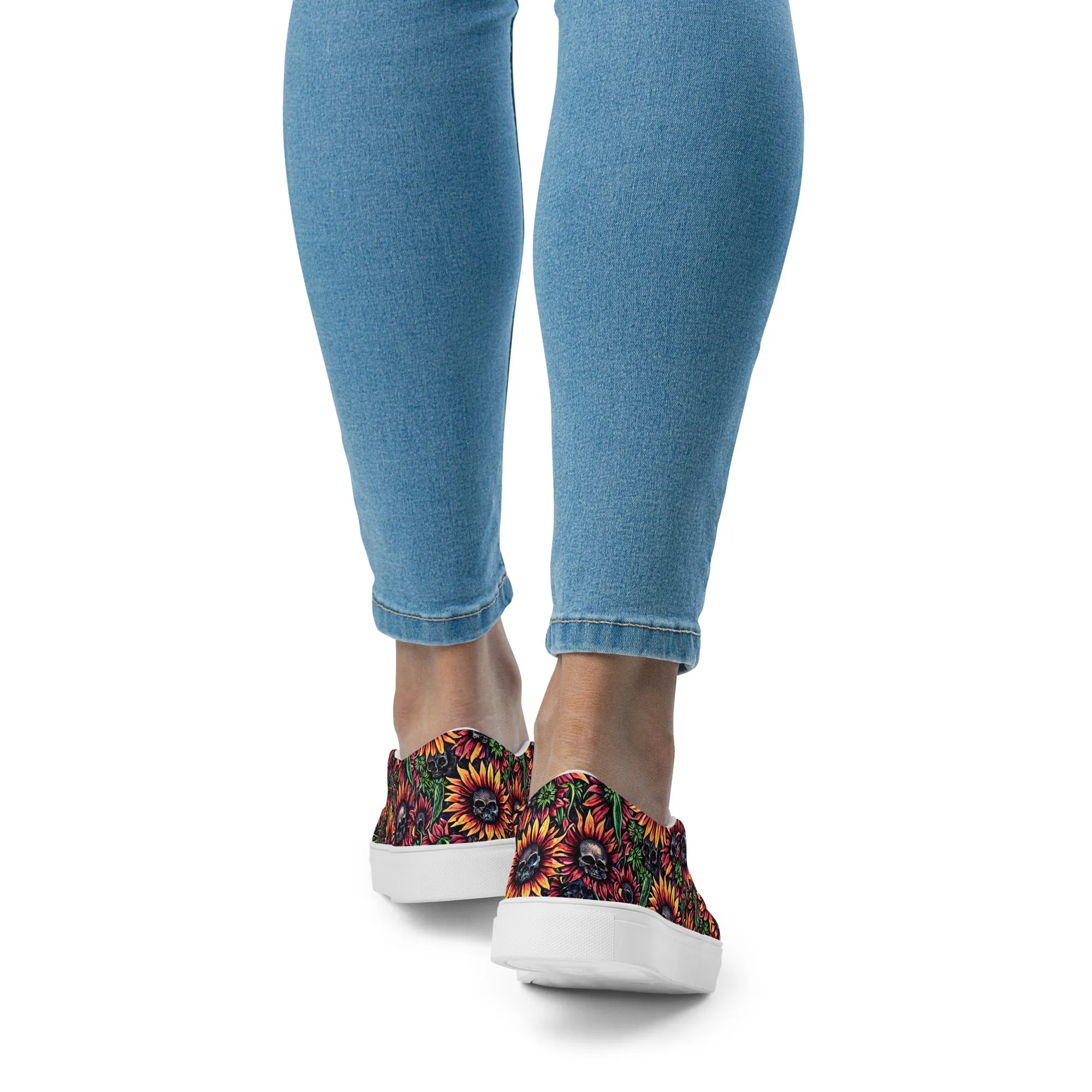 Sunflowers and Skulls Women’s slip-on canvas shoes, Pirate Princess Shoes