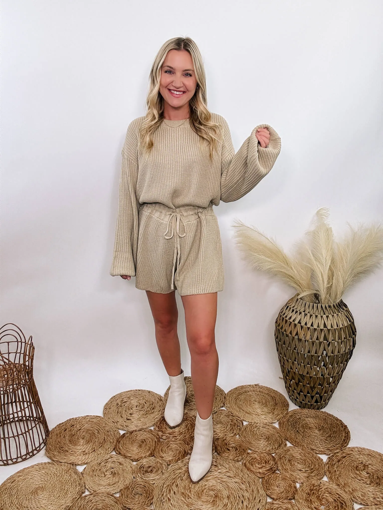 Taupe Long Sleeve Sweater Romper with Drawstring Waist