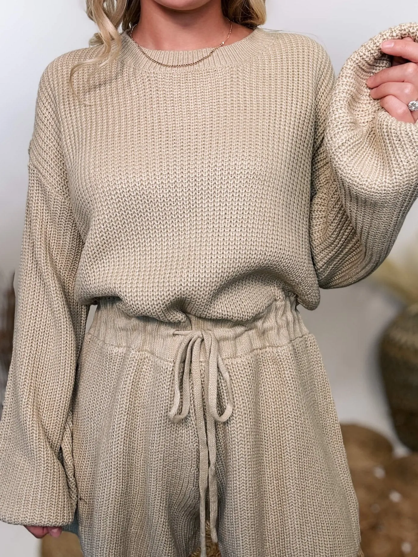 Taupe Long Sleeve Sweater Romper with Drawstring Waist