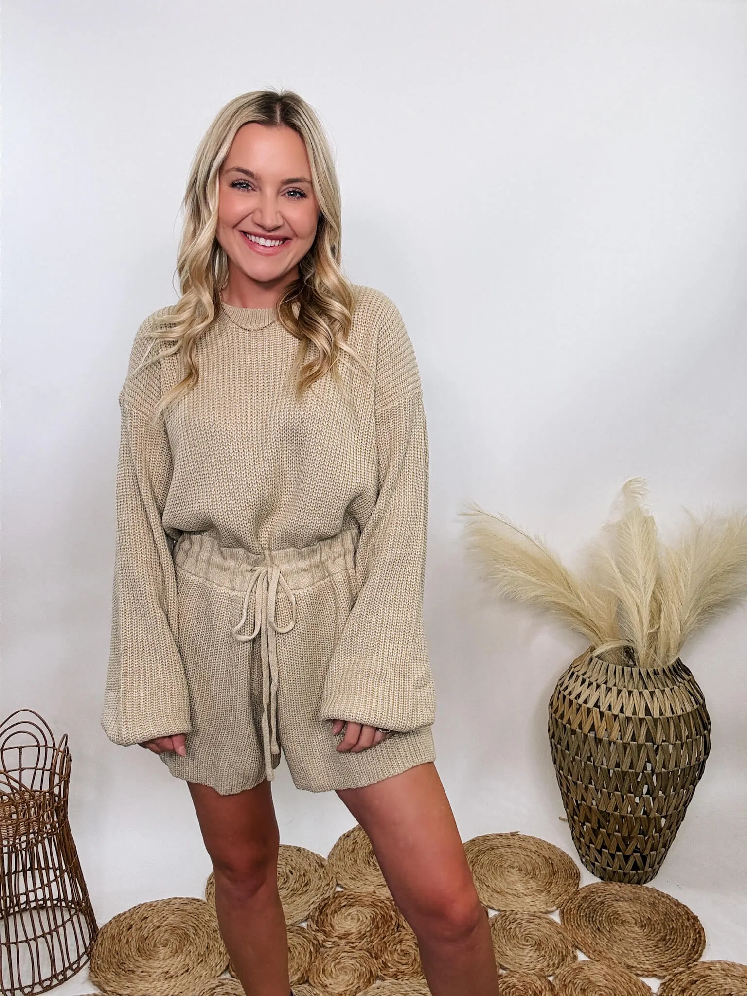 Taupe Long Sleeve Sweater Romper with Drawstring Waist
