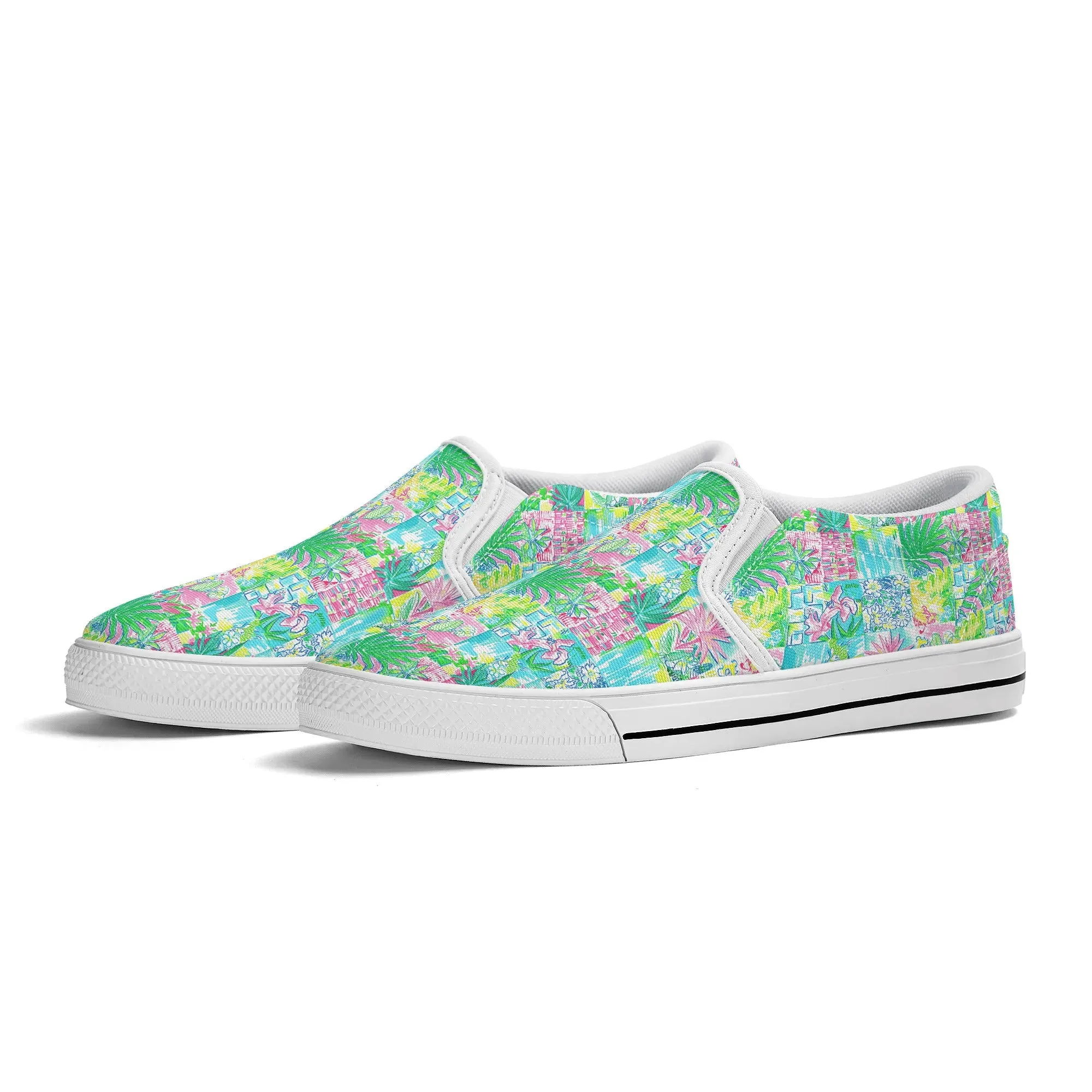 Whimsical Palm Trees and Flowers in Vibrant Pink, Teal, and Green Collage Print Womens Canvas Slip On Shoes US5-US12