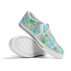 Whimsical Palm Trees and Flowers in Vibrant Pink, Teal, and Green Collage Print Womens Canvas Slip On Shoes US5-US12
